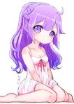  1girl azur_lane bangs bare_shoulders barefoot between_legs closed_mouth collarbone commentary_request dress eyebrows_visible_through_hair hair_between_eyes hair_flaps hand_between_legs head_tilt highres long_hair looking_at_viewer pink_ribbon purple_hair ribbon simple_background sitting sleeveless sleeveless_dress solo udauda unicorn_(azur_lane) very_long_hair violet_eyes wariza white_background white_dress 