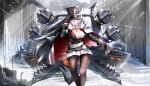  1girl azur_lane bangs belt black_gloves black_legwear breasts cannon cape cleavage closed_mouth expressionless eyebrows_visible_through_hair floating_hair fur-trimmed_cape fur_trim gloves graf_zeppelin_(azur_lane) hair_between_eyes hand_on_headwear hat highres iron_cross jacket large_breasts light_rays long_hair looking_at_viewer machinery mid-stride military military_uniform naka_(nakamaru_ak) pantyhose peaked_cap pleated_skirt red_eyes rigging ripples sidelocks signature silver_hair skirt solo turrets uniform very_long_hair walking water white_skirt wind wind_lift 