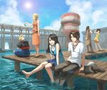  5girls 6+boys barefoot black_hair blonde_hair blue_sky blurry boat brown_hair casual clouds depth_of_field dress ellone everyone final_fantasy final_fantasy_viii fishing fishing_rod fuujin_(ff8) habbitrot highres irvine_kinneas jacket jacket_removed jewelry laguna_loire lens_flare multicolored_hair multiple_boys multiple_girls necklace pier quistis_trepe raijin_(ff8) rinoa_heartilly seifer_almasy selphie_tilmitt shorts shorts_under_skirt skirt sky sleeveless smile soaking_feet squall_leonhart sun sundress two-tone_hair water water_tower watercraft zell_dincht 