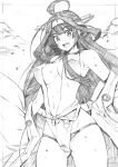  1girl :d absurdres ahoge armpits blush breasts cowboy_shot gluteal_fold greyscale headgear highres kantai_collection kojima_takeshi kongou_(kantai_collection) large_breasts long_hair monochrome navel off_shoulder open_mouth smile solo swimsuit traditional_media 