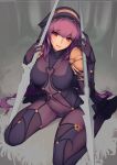  bodysuit breasts commentary_request covered_navel fate/grand_order fate_(series) flower gae_bolg hair_intakes holding holding_weapon large_breasts long_hair looking_at_viewer pauldrons polearm purple_bodysuit purple_hair red_eyes ryuji_(ikeriu) scathach_(fate/grand_order) shoulder_armor sitting spear spider_lily tree veil very_long_hair wariza weapon work_in_progress 