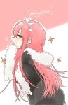  1girl alternate_costume fate/grand_order fate_(series) from_side fur_scarf heart long_hair looking_at_viewer medb_(fate/grand_order) nibinibi1030 pink_background pink_hair profile sketch smile solo tiara twitter_username two-tone_background white_background yellow_eyes 