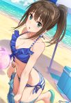  1girl alternate_hairstyle ball bangs bare_shoulders beach beachball bikini blue_bikini blue_sky blush breasts brown_hair cleavage clouds collarbone commentary_request day denim denim_shorts eyebrows_visible_through_hair flip-flops frilled_bikini frills front-tie_top green_eyes idolmaster idolmaster_cinderella_girls long_hair looking_at_viewer medium_breasts midriff navel ocean open_clothes open_fly open_mouth open_shorts outdoors ponytail sand sandals shibuya_rin shorts side-tie_bikini sky solo standing striped striped_bikini swimsuit tamakaga twitter_username unbuttoned undressing unzipped water 