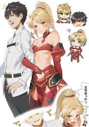  1boy 2girls :3 ahoge artoria_pendragon_(all) artoria_pendragon_(lancer) black_hair blonde_hair blush breasts chibi chibi_inset cleavage comic commentary_request crown detached_collar detached_sleeves embarrassed fate/grand_order fate_(series) fujimaru_ritsuka_(male) green_eyes highres large_breasts locked_arms midriff mordred_(fate) mordred_(fate)_(all) multiple_girls pelvic_curtain saruchitan short_hair short_ponytail small_breasts speech_bubble spiky_hair surprised translation_request under_boob wavy_mouth 