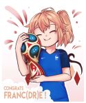  1girl 2018_fifa_world_cup :t ^_^ ahoge alternate_costume blonde_hair blue_shirt closed_eyes closed_eyes commentary congratulations contemporary english_commentary eyebrows_visible_through_hair flandre_scarlet gradient gradient_background head_tilt highres holding jersey nail_polish nike object_hug outline pink_background red_nails shirt short_hair short_sleeves side_ponytail smile solo touhou trophy upper_body white_background white_outline wings world_cup yoruny 
