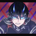  1boy bangs black_bodysuit black_hair blue_eyes blue_horns bodysuit comm327 commentary darling_in_the_franxx eyes_visible_through_hair fangs highres hiro_(darling_in_the_franxx) horns letterboxed looking_at_viewer male_focus oni_horns pilot_suit short_hair solo tube 