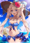  1girl :d arm_up ball bangs bare_shoulders beachball bikini blue_bikini blue_bow blue_eyes blue_sky blush bow breasts clouds collarbone commentary_request cowboy_shot day fate/grand_order fate_(series) flower front-tie_bikini front-tie_top fujikiri_yana groin hand_on_headwear hat hat_bow hat_flower highres horizon jewelry long_hair looking_at_viewer marie_antoinette_(fate/grand_order) medium_breasts navel necklace ocean open_mouth outdoors pearl_necklace red_flower round_teeth sidelocks signature silver_hair sky smile solo striped striped_bow sun_hat sunlight swimsuit teeth thigh_grab twintails upper_teeth very_long_hair water white_flower 