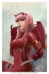  1girl bangs bodysuit breasts candy castcuraga commentary darling_in_the_franxx english_commentary eyeshadow food green_eyes hairband highres holding_lollipop horns instagram_username lollipop long_hair looking_at_viewer makeup medium_breasts oni_horns open_mouth outstretched_arm pilot_suit pink_hair red_bodysuit red_horns signature sitting skin_tight solo straight_hair twitter_username white_hairband zero_two_(darling_in_the_franxx) 