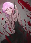  1girl absurdres black_dress blood blood_on_face blood_splatter bloody_clothes bloody_weapon breasts cleavage collarbone dress dutch_angle floating_hair gasai_yuno grey_background hair_between_eyes highres holding holding_knife knife long_hair looking_at_viewer mirai_nikki off_shoulder pink_hair red_eyes shiliuye_feiyu sleeveless sleeveless_dress small_breasts smile solo standing weapon 