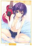  1girl absurdres bangs bare_shoulders barefoot breasts buttons collarbone electric_guitar eyebrows_visible_through_hair fingernails food full_body guitar highres holding hyoudou_michiru indoors instrument looking_at_viewer looking_back medium_breasts navel page_number popsicle purple_hair saenai_heroine_no_sodatekata scan short_hair shorts sidelocks sitting smile solo tongue tongue_out topless towel towel_around_neck violet_eyes water_drop yuuki_hagure 