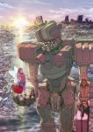  1girl box briefcase city fairy heart-shaped_box in_palm looking_at_another mecha mittens non_(6nezuuyamar9) open_mouth original robot ruins spacesuit suitcase walking 