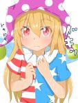  1girl american_flag_shirt arms_up blonde_hair blush clownpiece commentary_request eyebrows_visible_through_hair fairy_wings fang hair_between_eyes hands_on_own_chest hat highres jester_cap light_frown long_hair looking_at_viewer mizune_(winter) onomatopoeia polka_dot_hat purple_hat red_eyes simple_background solo sweat sweating_profusely thick_eyebrows touhou upper_body white_background wings 