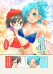 2girls :d @_@ ^_^ aqua_eyes asymmetrical_docking beret bikini black_hair blue_bikini blue_hair blush breast_press breast_rest breasts brown_eyes cafe-chan_to_break_time cleavage clenched_hand closed_eyes closed_eyes collarbone comic commentary_request earrings emphasis_lines eyebrows_visible_through_hair flying_sweatdrops hair_ornament halterneck hand_to_own_mouth hand_up hands_up hat jewelry large_breasts looking_at_viewer medium_hair multiple_girls o-ring open_mouth porurin ramune_(cafe-chan_to_break_time) red_bikini red_hat ringo_(cafe-chan_to_break_time) short_hair smile swimsuit translation_request wavy_mouth 
