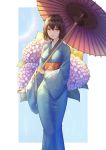  1girl absurdres blue_kimono breasts brown_hair floral_print flower hair_between_eyes helawid highres holding holding_umbrella hydrangea japanese_clothes kimono looking_at_viewer obi oriental_umbrella original outside_border parted_lips sash solo standing umbrella wide_sleeves yellow_eyes 