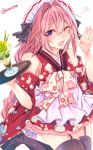 1boy astolfo_(fate) black_legwear blush braid drink fang fate/apocrypha fate_(series) garter_straps hair_ribbon highres japanese_clothes long_hair looking_at_viewer male_focus one_eye_closed open_mouth pink_hair ribbon shisei_(kyuushoku_banchou) simple_background single_braid smile solo thigh-highs trap twitter_username violet_eyes white_background 