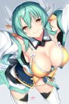  1girl bangs bare_shoulders bikini blush bow breasts cleavage closed_mouth detached_collar dragon_girl dragon_horns fate/grand_order fate_(series) green_hair hair_between_eyes hair_bow highres horns japanese_clothes kimono kiyohime_(fate/grand_order) kiyohime_(swimsuit_lancer)_(fate) large_breasts long_hair looking_at_viewer nebusoku obi open_clothes open_kimono sash sidelocks slit_pupils smile solo swimsuit thighs white_kimono white_legwear yellow_bikini yellow_bow yellow_eyes 