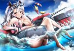  1girl alternate_costume antenna_hair arm_across_waist armpits ass azur_lane bangs bikini black_bikini black_ribbon blue_sky blush breasts brown_eyes choker cleavage closed_mouth clouds cross cross_earrings dated day deal_with_it drinking_straw earrings elbow_rest eyebrows_visible_through_hair eyewear_on_head hair_between_eyes hair_ribbon highres innertube iron_cross jewelry large_breasts long_hair looking_at_viewer lying machinery mole mole_on_breast multicolored_hair naka_(nakamaru_ak) outdoors partially_submerged prinz_eugen_(azur_lane) redhead ribbon rigging sidelocks signature silver_hair skindentation sky smile solo splashing streaked_hair sunglasses swimsuit thigh_strap thighs tropical_drink two_side_up very_long_hair waves 