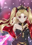  1girl absurdres blonde_hair breasts cape choker cleavage diadem earrings ereshkigal_(fate/grand_order) eyebrows_visible_through_hair fate/grand_order fate_(series) hair_ribbon highres jewelry long_hair looking_at_viewer medium_breasts nail_polish parted_lips red_cape red_eyes red_nails red_ribbon ribbon sleeveless solo striped takubon_(xewh4773) tohsaka_rin twintails upper_body very_long_hair 