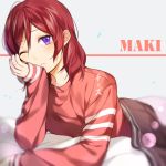  1girl artist_name bangs bed_sheet character_name chi_zu_crazy eyebrows_visible_through_hair eyes grey_background hair_between_eyes looking_at_viewer love_live! love_live!_school_idol_project lying nishikino_maki on_stomach one_eye_closed purple red_shirt redhead shirt short_hair solo swept_bangs under_covers 