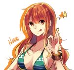  1girl :q bracelet breasts character_name cleavage collarbone earrings eyebrows_visible_through_hair green_bikini_top hair_between_eyes jewelry long_hair looking_at_viewer medium_breasts nami_(one_piece) namiey one_piece orange_hair sideboob solo star striped tattoo tongue tongue_out upper_body white_background yellow_eyes 