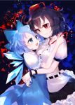  2girls :d abstract_background arms_around_waist artist_name aya_(aya_op10s) belt black_background black_hair black_skirt blue_bow blue_dress blue_eyes blue_hair blush bound bound_wrists bow breasts cirno cleavage colored_eyelashes commentary_request dress eye_contact eyebrows_visible_through_hair frilled_skirt frills hair_between_eyes hair_bow hat head_to_head hickey highres hug ice ice_wings light_particles looking_at_another multiple_girls open_clothes open_mouth open_shirt petticoat pinafore_dress puffy_short_sleeves puffy_sleeves red_eyes shameimaru_aya shirt short_hair short_sleeves skirt small_breasts smile sparkle tokin_hat touhou untucked_shirt untying upper_body white_shirt wings yuri 