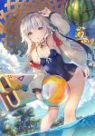  1girl :o arm_up armpits azur_lane ball bangs bare_shoulders beachball blue_sky blue_swimsuit blurry blurry_foreground blush breasts brown_eyes cannon clouds cloudy_sky collarbone commentary_request covered_navel day deecha depth_of_field eyebrows_visible_through_hair flower food fruit hat headpiece highres holding holding_ball iron_cross island jacket jewelry leg_tattoo long_hair long_sleeves looking_at_viewer mole mole_under_eye necklace ocean off_shoulder one-piece_swimsuit open_clothes open_jacket orange_footwear outdoors palm_tree parted_lips partially_underwater_shot puffy_long_sleeves puffy_sleeves ribbon signature silver_hair sky small_breasts solo standing straw_hat swimsuit tattoo transparent tree very_long_hair wading water watermelon wet white_jacket white_ribbon z46_(azur_lane) 