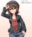  1girl adjusting_headwear artist_name bangs beige_background black_hat black_jacket black_pants brown_eyes brown_hair cabbie_hat casual closed_mouth commentary cowboy_shot dutch_angle eyebrows_visible_through_hair girls_und_panzer gradient gradient_background hat jacket leather leather_jacket nishizumi_maho open_clothes open_jacket pants red_shirt shirt short_hair signature smile solo thigh_gap thumb_in_pocket twitter_username zanntetu 