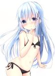  1girl bangs bare_arms bare_shoulders bikini black_bikini blue_eyes blue_hair blush closed_mouth eyebrows_visible_through_hair flat_chest front-tie_bikini front-tie_top gochuumon_wa_usagi_desu_ka? hair_between_eyes hair_ornament head_tilt highres kafuu_chino kouda_suzu leaning_forward long_hair navel side-tie_bikini simple_background smile solo swimsuit very_long_hair white_background x_hair_ornament 