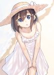  1girl bangs beach blue_eyes bow brown_hair collarbone commentary_request day dress eyebrows_visible_through_hair hair_between_eyes hat hat_bow head_tilt highres leaning_forward looking_at_viewer original outdoors parted_lips round_teeth sand sleeveless sleeveless_dress solo sun_hat suzunari_shizuku teeth upper_teeth v_arms water white_bow white_dress yuki_arare 