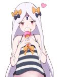  1girl abigail_williams_(fate/grand_order) absurdres bangs bare_arms bare_shoulders black_bow blush bow camisole double_scoop eyebrows_visible_through_hair fate/grand_order fate_(series) food forehead groin hair_bow heart highres holding holding_food ice_cream ice_cream_cone long_hair mitchi navel orange_bow parted_bangs parted_lips red_eyes silver_hair simple_background smirk solo striped striped_camisole upper_body very_long_hair white_background 