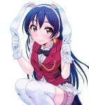  1girl animal_ears ayumu-k bangs blue_hair blush commentary_request earrings gloves hair_between_eyes jewelry korekara_no_someday long_hair looking_at_viewer love_live! love_live!_school_idol_project rabbit_ears simple_background smile solo sonoda_umi thigh-highs white_background white_gloves white_legwear yellow_eyes 