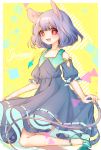  1girl :d animal_ears commentary_request dress flat_chest grey_dress grey_hair high_heels jewelry looking_at_viewer mokokiyo_(asaddr) mouse_ears mouse_tail nazrin open_mouth pendant red_eyes skirt_hold smile solo tail touhou yellow_background 