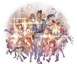  1boy 5girls bare_shoulders belt bikini blonde_hair blue_eyes boots braid breasts brown_eyes brown_hair draph drink erune facial_hair flower goatee granblue_fantasy grey_eyes grin harvin hat heart heart-shaped_pupils height_difference hibiscus high_heels holster horns large_breasts long_hair minaba_hideo multiple_braids multiple_girls navel one-piece_swimsuit one_eye_closed plaid plaid_bikini pointy_ears sandals sarong shawl short_hair smile sparkle sunglasses suspenders swimsuit symbol-shaped_pupils twin_braids yngwie 