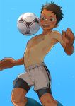  1boy ball bike_shorts blush male_focus nakayuki_t nipples open_mouth original playing_sports shirtless soccer_ball solo sport sportswear tan tango_(soccer_ball) 