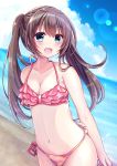  1girl :d arm_behind_back bangs bare_arms bare_shoulders beach bikini blue_eyes blue_sky blush breasts brown_hair cleavage clouds cloudy_sky collarbone commentary_request day eyebrows_visible_through_hair fingernails hair_between_eyes highres horizon long_hair minami_saki navel ocean open_mouth original outdoors pink_bikini sand side-tie_bikini sky small_breasts smile solo swimsuit twintails very_long_hair water 