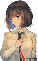  1girl alternate_hair_length alternate_hairstyle artist_name bangs black_hair black_neckwear blonde_hair brown_eyes brown_hair closed_mouth collared_shirt eyebrows_visible_through_hair girls_frontline highres long_hair looking_at_viewer m16a1_(girls_frontline) mole mole_under_eye multicolored_hair necktie shirt short_hair sidelocks simple_background sleeve_cuffs smile solo streaked_hair white_background xanax025 