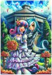  2girls artist_name blue_eyes blue_hair blush bonbon_(my_little_pony) bouquet breasts brown_eyes cleavage day dress elbow_gloves emperpep flower gazebo gloves green_hair hair_flower hair_ornament holding holding_bouquet horn humanization looking_at_viewer lyra_heartstrings medium_breasts medium_hair multicolored_hair multiple_girls my_little_pony my_little_pony_friendship_is_magic open_mouth outdoors pantyhose parted_lips pink_hair short_hair signature smile standing tail teeth white_dress white_gloves white_hair white_legwear 