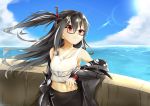  1girl azur_lane black-framed_eyewear black_hair blue_sky breasts collarbone commentary day glasses highres kimidori3_karla lens_flare long_hair looking_away medium_breasts navel off_shoulder one_side_up red_eyes sky solo stomach twitter_username u-47_(azur_lane) upper_body 