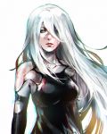  1girl android armlet bangs black_gloves blue_eyes breasts commentary elbow_gloves english_commentary facing_viewer gloves hair_between_eyes hair_over_one_eye highres long_hair medium_breasts mole mole_under_mouth nier_(series) nier_automata nvalkyrja parted_lips robot_joints silver_hair tank_top yorha_type_a_no._2 