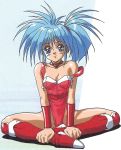  1girl 90s blue_eyes blue_hair boots bracer breasts choker cleavage corque_lans faussete_amour full_body indian_style knee_boots leotard long_hair looking_at_viewer official_art red_footwear ryuichi_makino shiny shiny_skin sitting small_breasts smile solo strap_slip 