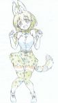  1girl :d absurdres animal_ears ankle_boots bangs black_skirt blonde_hair boots bow bowtie clenched_hands colored_pencil_(medium) commentary elbow_gloves eyebrows_visible_through_hair fang full_body gloves green_hair head_tilt high-waist_skirt highres kemono_friends kitazinger looking_at_viewer miniskirt open_mouth print_gloves print_legwear print_neckwear print_skirt serval_(kemono_friends) serval_ears serval_print serval_tail shirt short_hair skindentation skirt sleeveless sleeveless_shirt smile solo standing striped_tail tail thigh-highs traditional_media w_arms white_footwear white_gloves white_shirt yellow_legwear yellow_neckwear yellow_skirt 