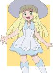  1girl blonde_hair blush dress green_eyes hat lillie_(pokemon) pokemon pokemon_(anime) pokemon_(game) pokemon_sm pokemon_sm_(anime) sundress white_dress white_hat yume_yoroi 