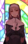  1girl absurdres black_dress brown_eyes brown_hair dress gloves hair_between_eyes highres hiiragi_yuuichi indoors long_hair looking_at_viewer nijisanji nun sister_claire solo standing upper_body very_long_hair white_gloves 