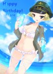  1girl beach bikini blonde_hair blue_sky blurry blurry_background bottle bow_bikini breasts brown_eyes cleavage clouds cloudy_sky commentary dated day depth_of_field english erwin_(girls_und_panzer) frilled_bikini frills girls_und_panzer gluteal_fold goggles goggles_on_headwear green_hat happy_birthday hat highres holding holding_bottle lens_flare looking_at_viewer lowleg lowleg_bikini medium_breasts military_hat navel offering open_mouth outdoors peaked_cap pointy_hair ramune ryochapu short_hair side-tie_bikini skindentation sky smile solo sparkle standing swimsuit thigh_strap white_bikini 