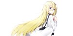  1girl :o bag bangs blonde_hair blue_eyes hair_between_eyes hands_clasped hands_up highres jacket long_hair long_sleeves looking_at_viewer looking_to_the_side open_clothes open_jacket own_hands_together parted_lips rachel_gardner satsuriku_no_tenshi shirt shoulder_bag simple_background solo striped striped_shirt the_cold very_long_hair white_background white_jacket 