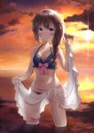  1girl ahoge alternate_costume bikini blue_eyes blush braid brown_hair highres ichinose_kizuki kantai_collection sarong sarong_lift shigure_(kantai_collection) single_braid smile solo swimsuit 