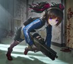  1girl assault_rifle black_hair blood blood_splatter blood_stain bloody_clothes bloody_handprints bullpup corpse death ear_protection gloves gun hair_ribbon handgun highres holding holding_gun holding_weapon holstered_weapon imi_tavor_tar-21 jacket original pistol ribbon rifle running school_shooting smirk thigh-highs tom-neko_(zamudo_akiyuki) track_jacket twintails violet_eyes weapon 