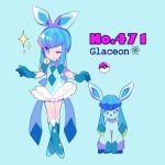  1girl bangs blue_eyes blue_footwear blue_gloves bow character_name earrings english full_body gen_4_pokemon glaceon gloves jewelry light_blue_background long_hair looking_at_viewer mameeekueya moemon one_eye_closed personification poke_ball pokemon pokemon_(creature) pokemon_number shoes simple_background sleeveless smile sparkle wink 