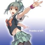  1girl :d bangs blush bow bowtie breasts brown_eyes english eyebrows_visible_through_hair glowing gradient gradient_background green_bow green_hair green_skirt hair_bow hair_ribbon head_tilt kantai_collection konishi_(koconatu) long_hair midriff open_mouth orange_neckwear outstretched_arms pantyhose pleated_skirt ponytail ribbon school_uniform serafuku short_sleeves sidelocks skirt smile solo text_focus upper_body wristband yuubari_(kantai_collection) 