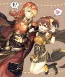  !? 1boy 1girl belt blonde_hair blush boots bow bracelet breastplate brother_and_sister brown_background brown_eyes brown_hair cape dyute_(fire_emblem) fang fire_emblem fire_emblem_echoes:_mou_hitori_no_eiyuuou haru_(nakajou-28) heart jewelry long_hair low_ponytail luthier_(fire_emblem) multicolored_hair open_mouth orange_eyes orange_hair ponytail siblings teeth two-tone_hair 